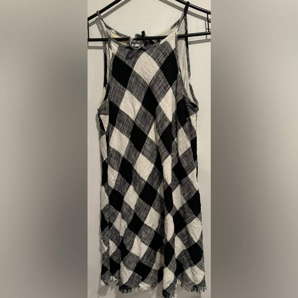 Anthropologie Cloth&Stone plaid Frayed Gingham Halter mini black white tunic XS